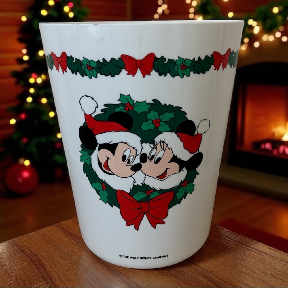 Vintage Walt Disney Mickey Minnie Christmas Wastebasket Trash Can 1980s Holiday